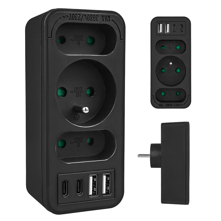 Prúdová zásuvka x3 + 4xUSB Maclean, 3-zásuvkový rozdeľovač, 2xUSB A, 2xUSB C PD 20W, 1x16A + 2x6A, MCE248 F/B