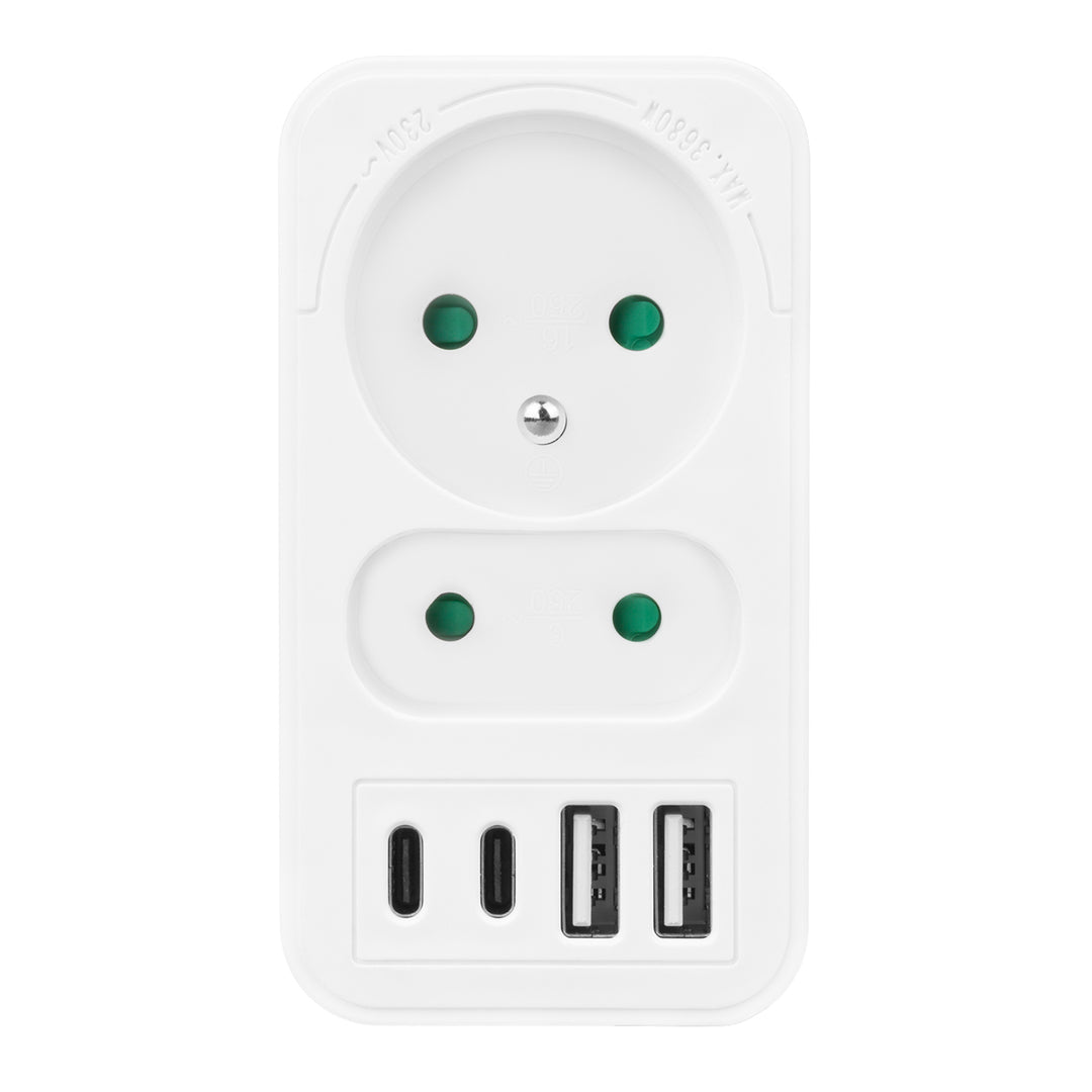 Prúdová zásuvka Maclean x2 + 4xUSB, rozdeľovač s 2 zásuvkami, 2xUSB A, 2xUSB C PD 20W, 1x16A + 1x6A, MCE249 F/W