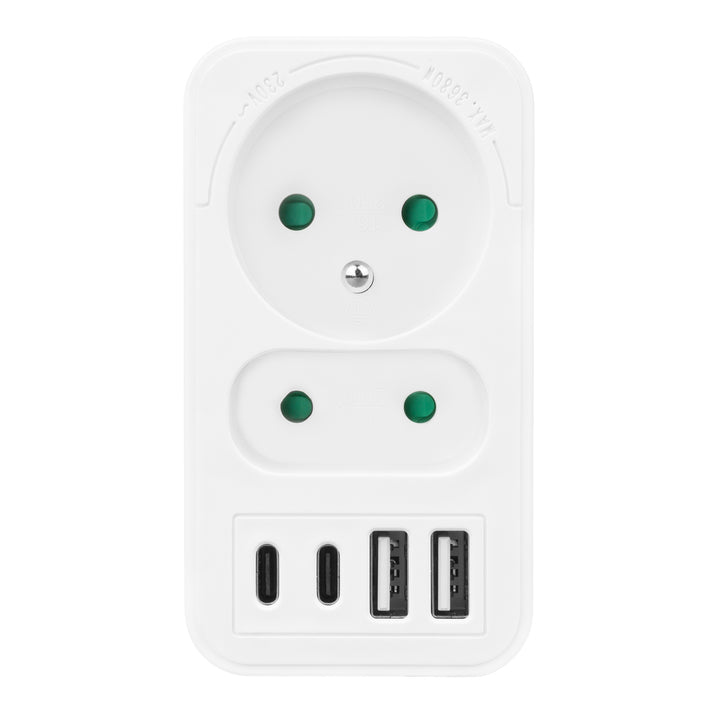 Prúdová zásuvka Maclean x2 + 4xUSB, rozdeľovač s 2 zásuvkami, 2xUSB A, 2xUSB C PD 20W, 1x16A + 1x6A, MCE249 F/W