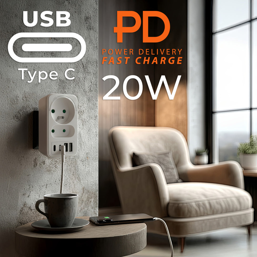 Prúdová zásuvka Maclean x2 + 4xUSB, rozdeľovač s 2 zásuvkami, 2xUSB A, 2xUSB C PD 20W, 1x16A + 1x6A, MCE249 F/W