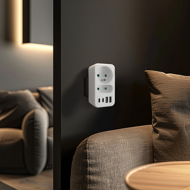 Prúdová zásuvka Maclean x2 + 4xUSB, rozdeľovač s 2 zásuvkami, 2xUSB A, 2xUSB C PD 20W, 1x16A + 1x6A, MCE249 F/W