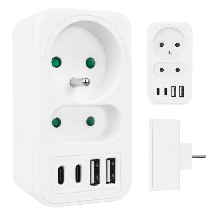 Prúdová zásuvka Maclean x2 + 4xUSB, rozdeľovač s 2 zásuvkami, 2xUSB A, 2xUSB C PD 20W, 1x16A + 1x6A, MCE249 F/W