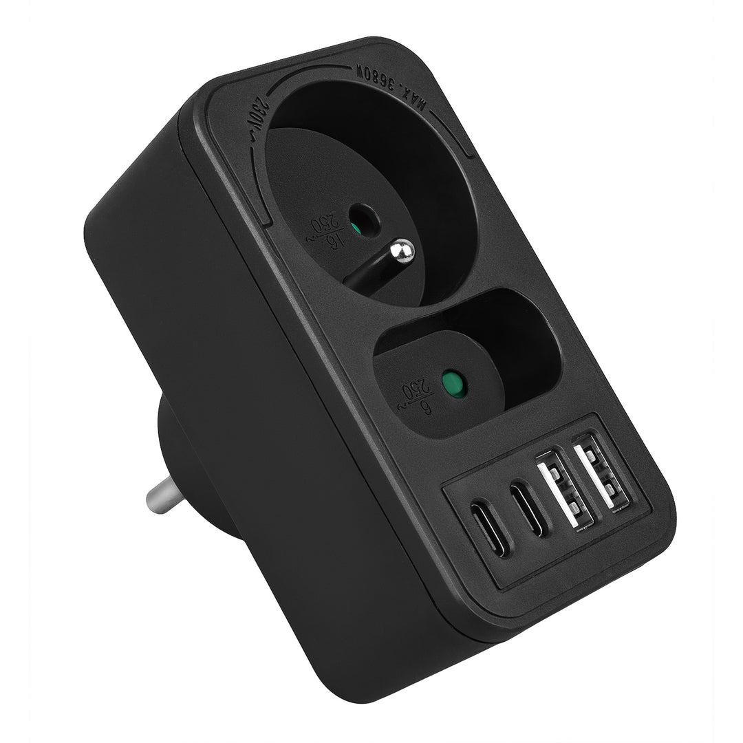 Prúdová zásuvka Maclean x2 + 4xUSB, rozdeľovač s 2 zásuvkami, 2xUSB A, 2xUSB C PD 20W, 1x16A + 1x6A, MCE249 F/W