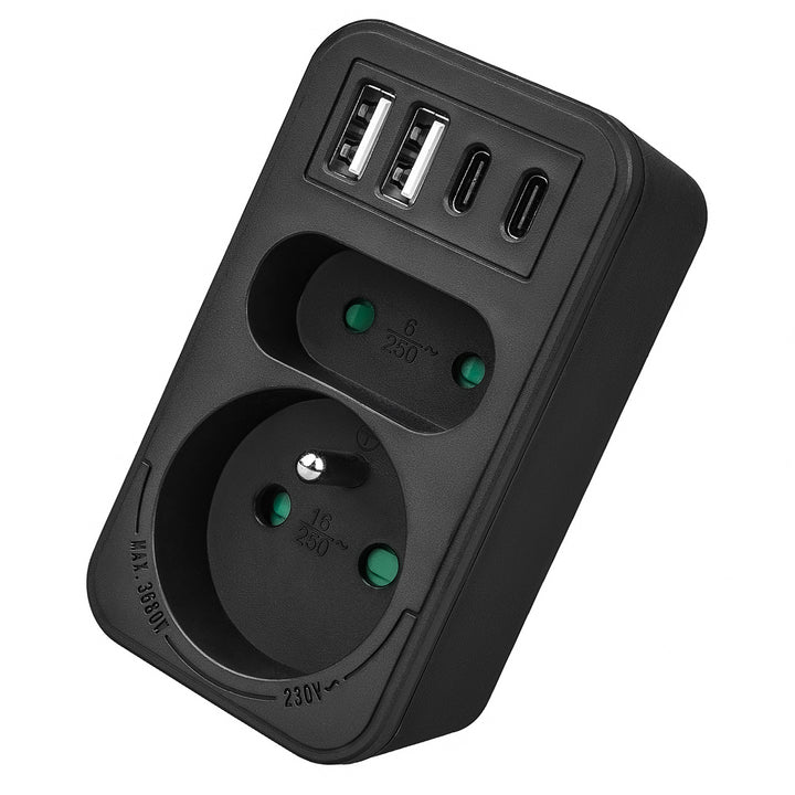 Prúdová zásuvka Maclean x2 + 4xUSB, rozdeľovač s 2 zásuvkami, 2xUSB A, 2xUSB C PD 20W, 1x16A + 1x6A, MCE249 F/W