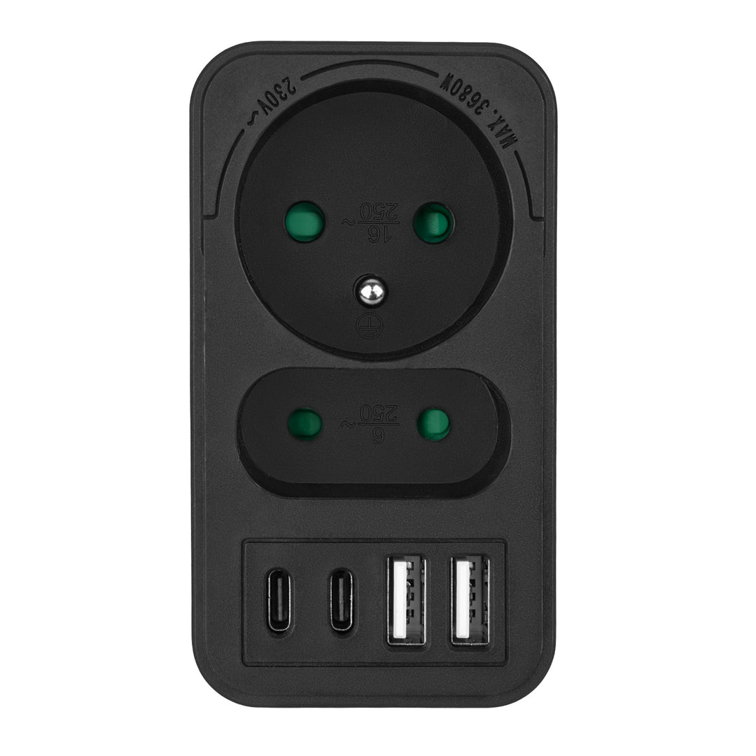 Prúdová zásuvka Maclean x2 + 4xUSB, rozdeľovač s 2 zásuvkami, 2xUSB A, 2xUSB C PD 20W, 1x16A + 1x6A, MCE249 F/W