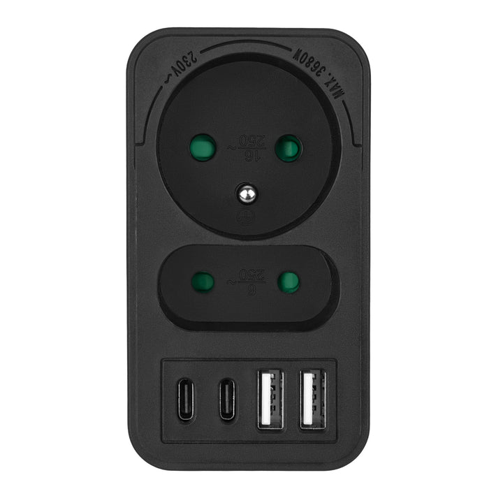 Prúdová zásuvka Maclean x2 + 4xUSB, rozdeľovač s 2 zásuvkami, 2xUSB A, 2xUSB C PD 20W, 1x16A + 1x6A, MCE249 F/W