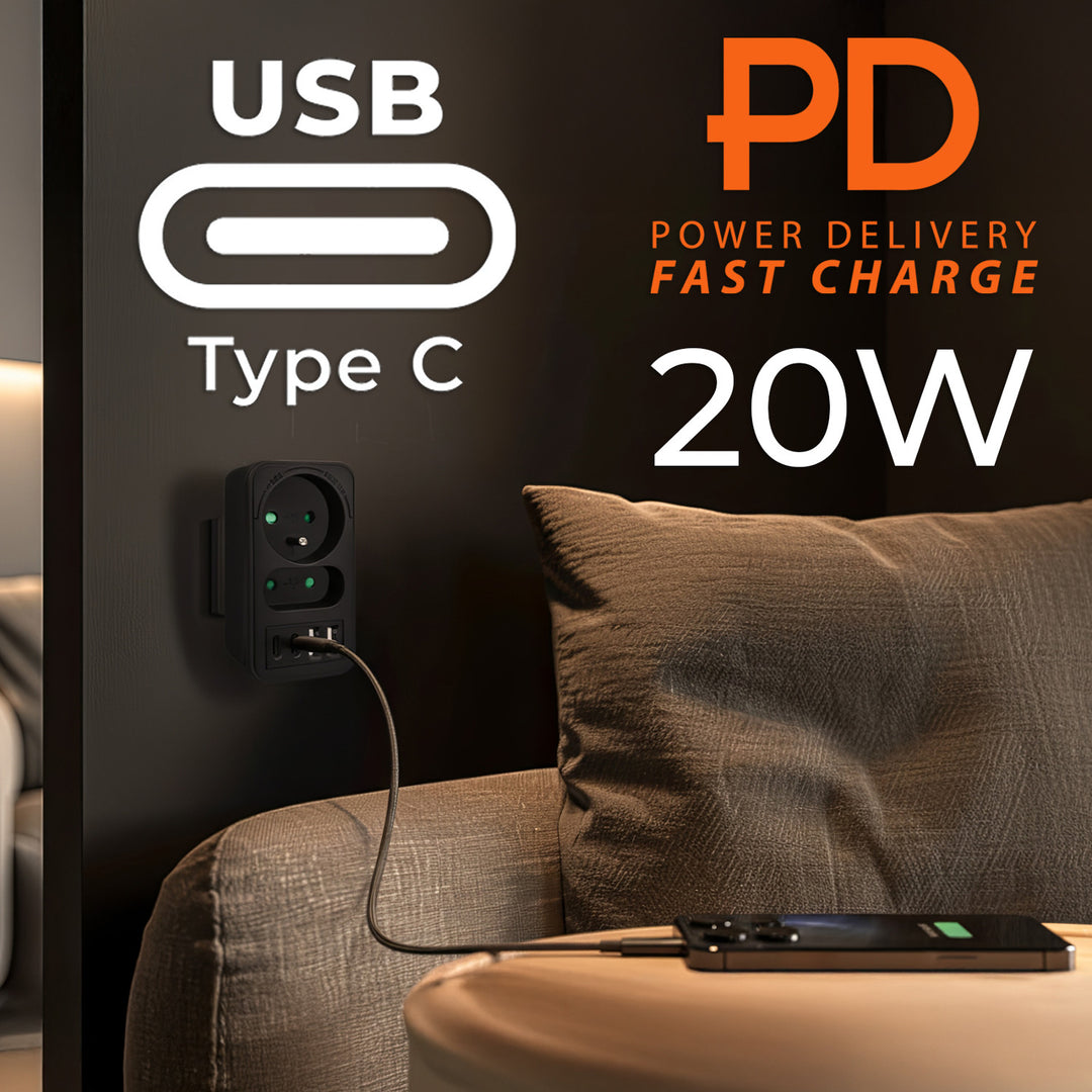 Prúdová zásuvka Maclean x2 + 4xUSB, rozdeľovač s 2 zásuvkami, 2xUSB A, 2xUSB C PD 20W, 1x16A + 1x6A, MCE249 F/W