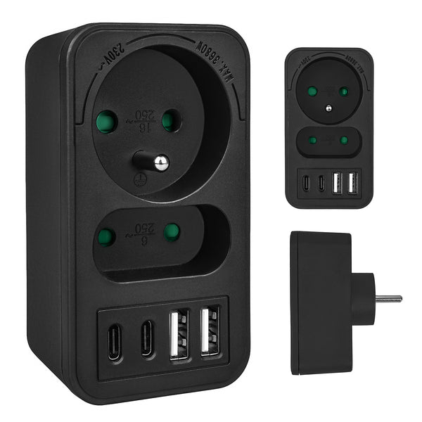 Prúdová zásuvka Maclean x2 + 4xUSB, rozdeľovač s 2 zásuvkami, 2xUSB A, 2xUSB C PD 20W, 1x16A + 1x6A, MCE249 F/B