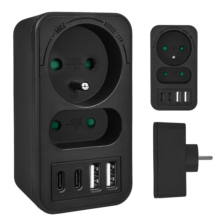 Prúdová zásuvka Maclean x2 + 4xUSB, rozdeľovač s 2 zásuvkami, 2xUSB A, 2xUSB C PD 20W, 1x16A + 1x6A, MCE249 F/W