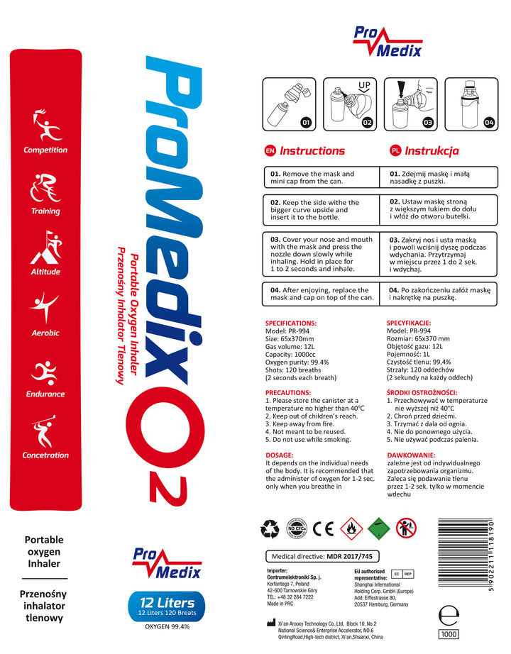 Prenosný 99,4% inhalátor kyslíka v plechovke Promedix 12L, PR-994, 10 kusov