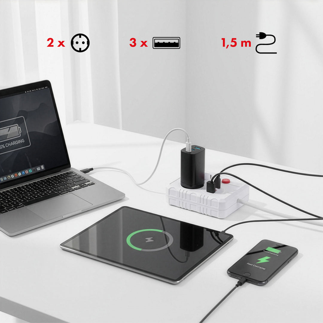 Maclean napájací pásik, predlžovací kábel 2 zásuvky + 3xUSB, 110-240V AC 50/60Hz, 2,1A max. 2500W, 1,5 m, biely, MCE387 W