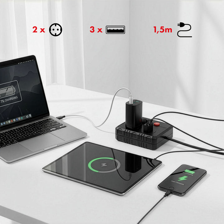 Napájacia lišta Maclean, 2-zásuvkový predlžovací kábel + 3xUSB, 110-240 V AC 50/60 Hz, 2,1 A max. 2500 W, 1,5 m, čierna, MCE387 B