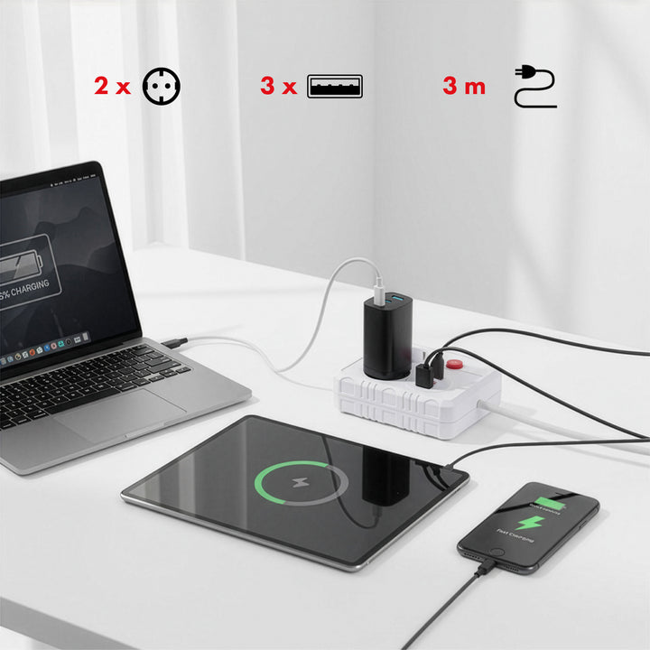 Napájacia lišta Maclean, predlžovací kábel 2 zásuvky + 3xUSB, 110-240V AC 50/60Hz, 2,1A max. 2500W, 3 m, biela, MCE388 W