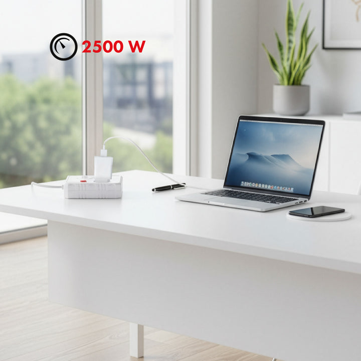 Napájacia lišta Maclean, predlžovací kábel 2 zásuvky + 3xUSB, 110-240V AC 50/60Hz, 2,1A max. 2500W, 3 m, biela, MCE388 W