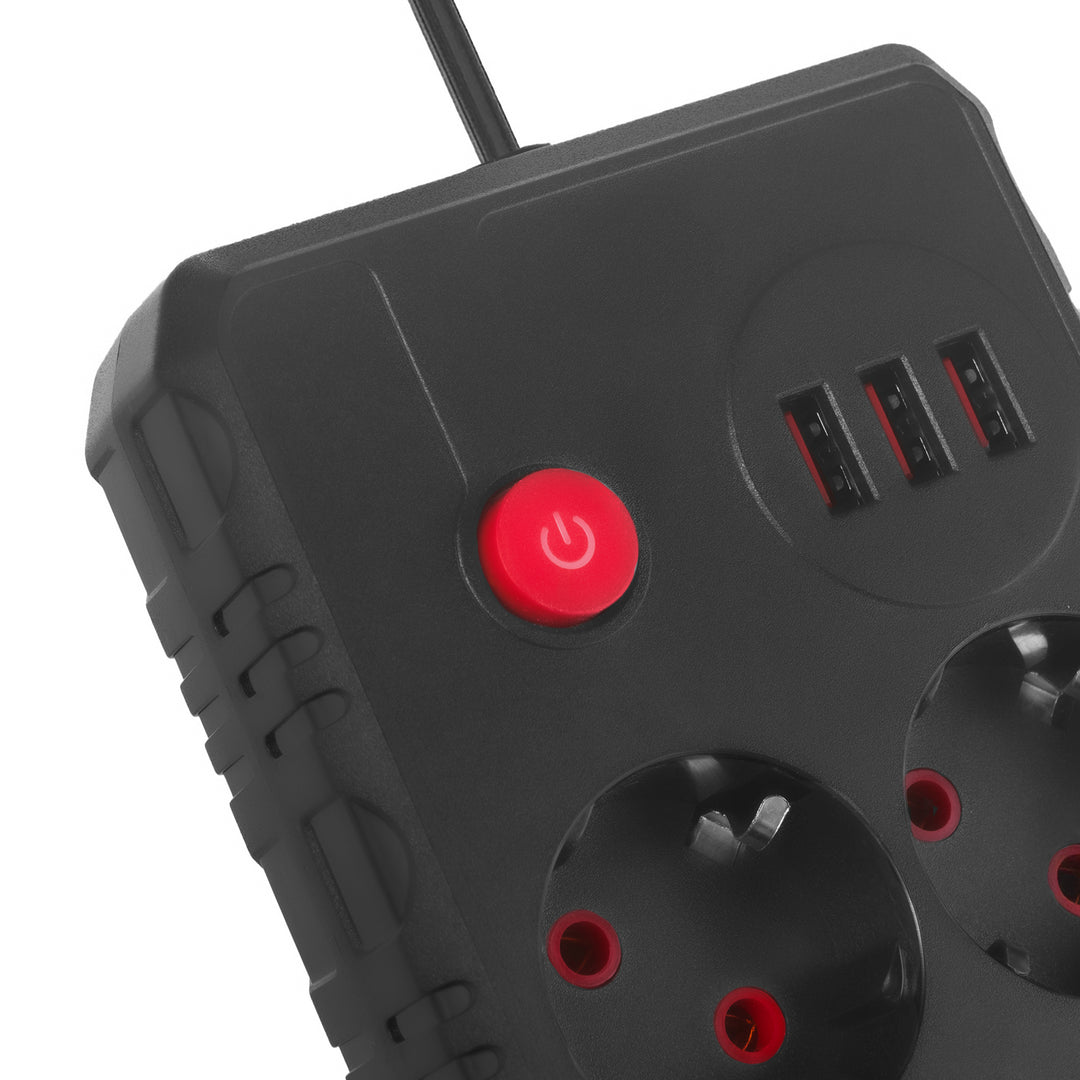 Napájacia lišta Maclean, predlžovací kábel 2 zásuvky + 3xUSB, 110-240V AC 50/60Hz, 2,1A max. 2500W, 3 m, čierna, MCE388 B