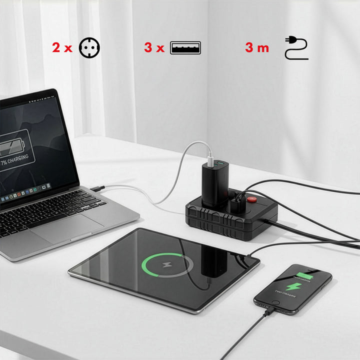 Napájacia lišta Maclean, predlžovací kábel 2 zásuvky + 3xUSB, 110-240V AC 50/60Hz, 2,1A max. 2500W, 3 m, čierna, MCE388 B