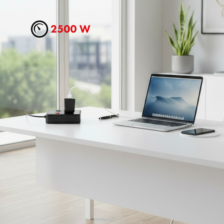 Napájacia lišta Maclean, predlžovací kábel 2 zásuvky + 3xUSB, 110-240V AC 50/60Hz, 2,1A max. 2500W, 3 m, čierna, MCE388 B