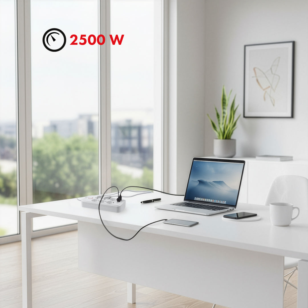 Napájacia lišta Maclean, 6-zásuvkový predlžovací kábel + 4xUSB, 110-240 V AC 50/60 Hz, 2,1 A max. 2500 W, 1,5 m, biela, MCE389 W