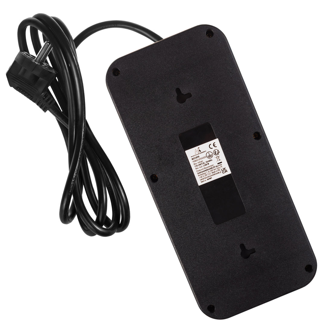 Napájacia lišta Maclean, 6-zásuvkový predlžovací kábel + 4xUSB, 110-240 V AC 50/60 Hz, 2,1 A max. 2500 W, 1,5 m, čierna, MCE389 B