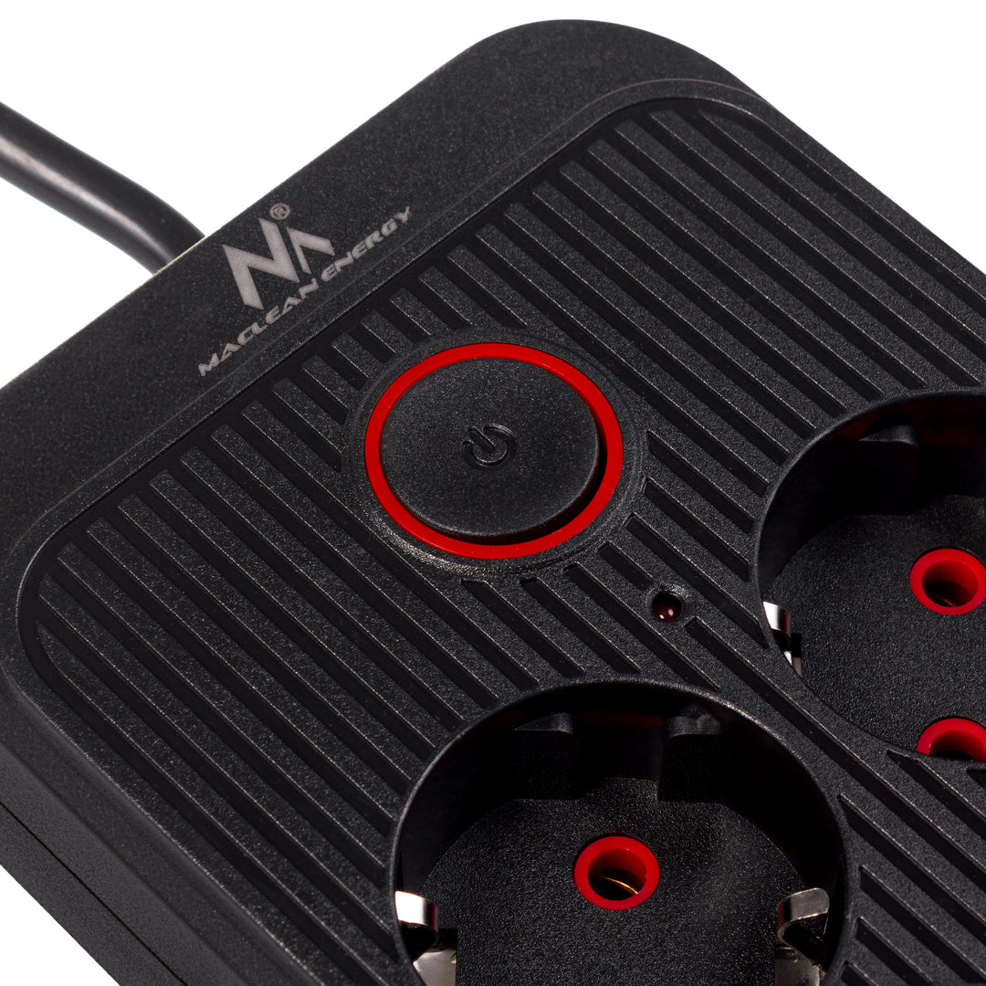 Napájacia lišta Maclean, 6-zásuvkový predlžovací kábel + 4xUSB, 110-240 V AC 50/60 Hz, 2,1 A max. 2500 W, 1,5 m, čierna, MCE389 B