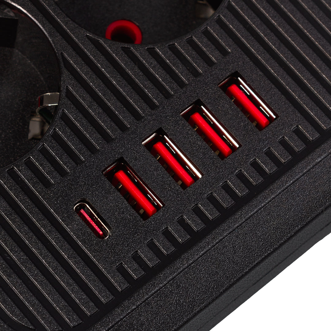 Napájacia lišta Maclean, 6-zásuvkový predlžovací kábel + 4xUSB, 110-240 V AC 50/60 Hz, 2,1 A max. 2500 W, 1,5 m, čierna, MCE389 B