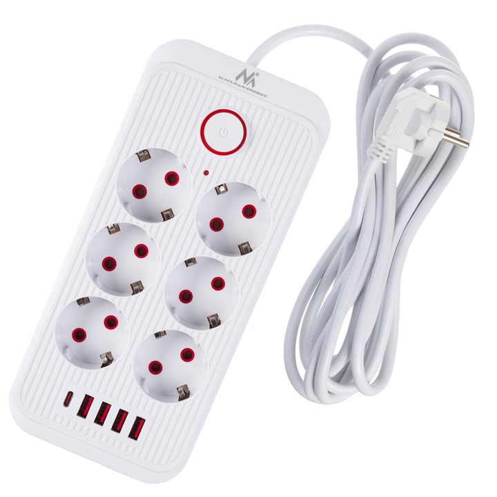 Napájacia lišta Maclean, predlžovací kábel so 6 zásuvkami + 4xUSB, 110-240 V AC 50/60 Hz, 2,1 A max. 2500 W, 3 m, biela, MCE391 W