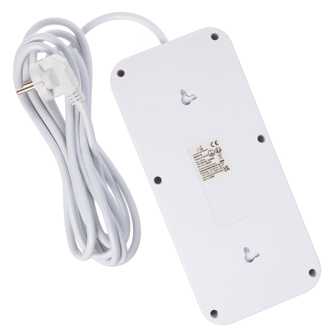 Napájacia lišta Maclean, predlžovací kábel so 6 zásuvkami + 4xUSB, 110-240 V AC 50/60 Hz, 2,1 A max. 2500 W, 3 m, biela, MCE391 W