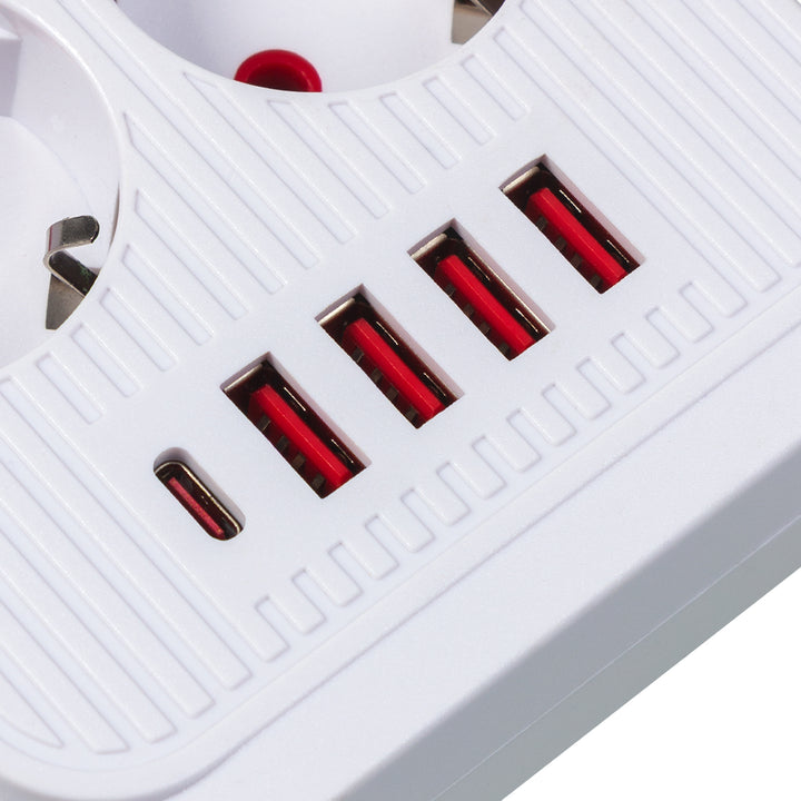 Napájacia lišta Maclean, predlžovací kábel so 6 zásuvkami + 4xUSB, 110-240 V AC 50/60 Hz, 2,1 A max. 2500 W, 3 m, biela, MCE391 W