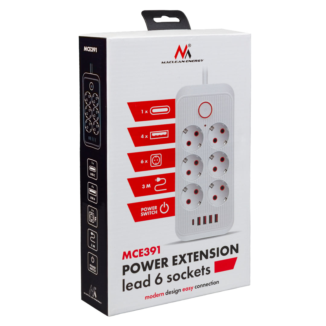 Napájacia lišta Maclean, predlžovací kábel so 6 zásuvkami + 4xUSB, 110-240 V AC 50/60 Hz, 2,1 A max. 2500 W, 3 m, biela, MCE391 W
