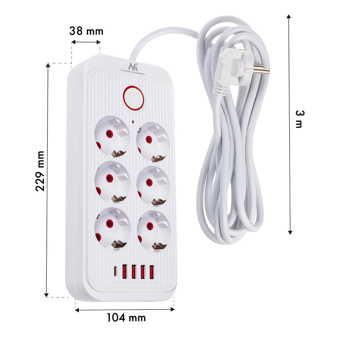 Napájacia lišta Maclean, predlžovací kábel so 6 zásuvkami + 4xUSB, 110-240 V AC 50/60 Hz, 2,1 A max. 2500 W, 3 m, biela, MCE391 W