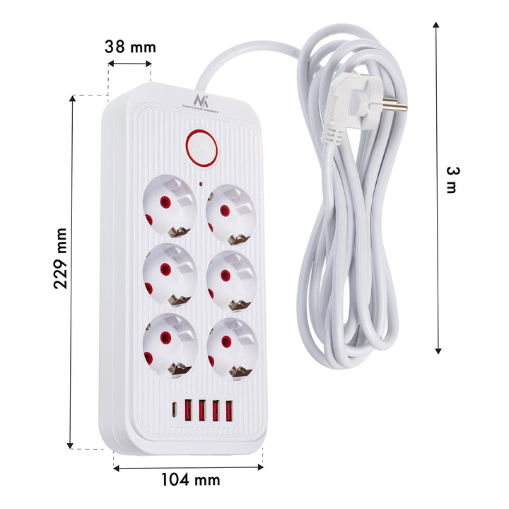 Napájacia lišta Maclean, predlžovací kábel so 6 zásuvkami + 4xUSB, 110-240 V AC 50/60 Hz, 2,1 A max. 2500 W, 3 m, biela, MCE391 W