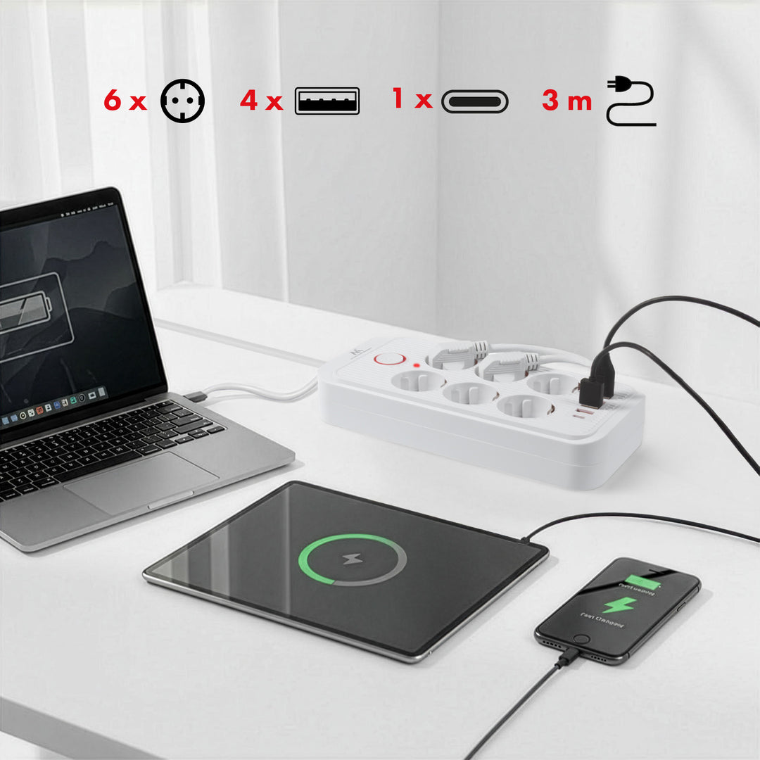 Napájacia lišta Maclean, predlžovací kábel so 6 zásuvkami + 4xUSB, 110-240 V AC 50/60 Hz, 2,1 A max. 2500 W, 3 m, biela, MCE391 W