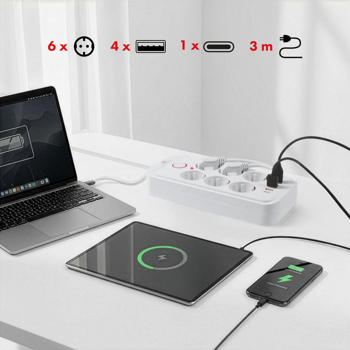 Napájacia lišta Maclean, predlžovací kábel so 6 zásuvkami + 4xUSB, 110-240 V AC 50/60 Hz, 2,1 A max. 2500 W, 3 m, biela, MCE391 W
