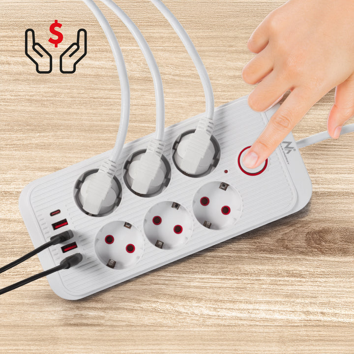 Napájacia lišta Maclean, predlžovací kábel so 6 zásuvkami + 4xUSB, 110-240 V AC 50/60 Hz, 2,1 A max. 2500 W, 3 m, biela, MCE391 W
