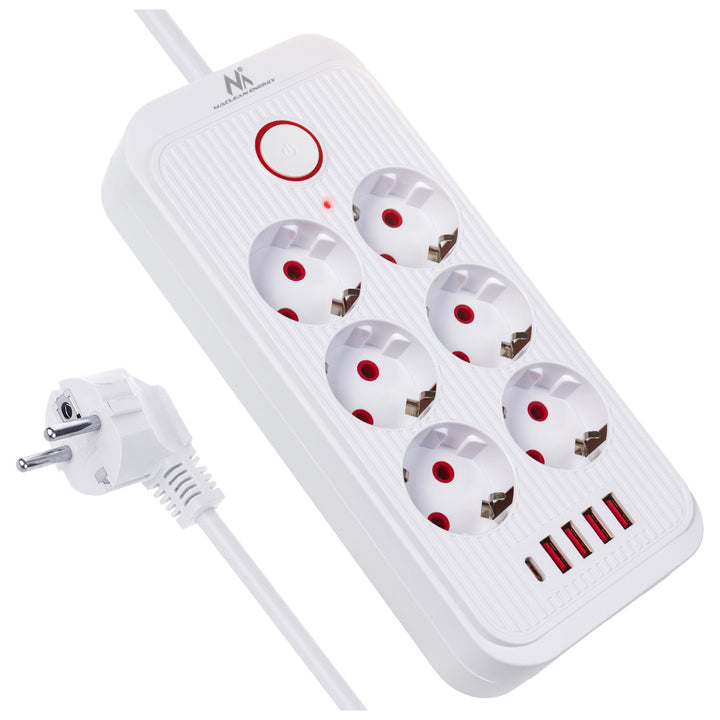 Napájacia lišta Maclean, predlžovací kábel so 6 zásuvkami + 4xUSB, 110-240 V AC 50/60 Hz, 2,1 A max. 2500 W, 3 m, biela, MCE391 W