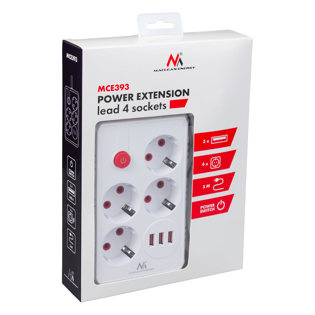 Napájacia lišta Maclean, predlžovací kábel so 4 zásuvkami + 3xUSB, 110-240 V AC 50/60 Hz, 2,1 A max. 2500 W, 3 m, biela, MCE393 W