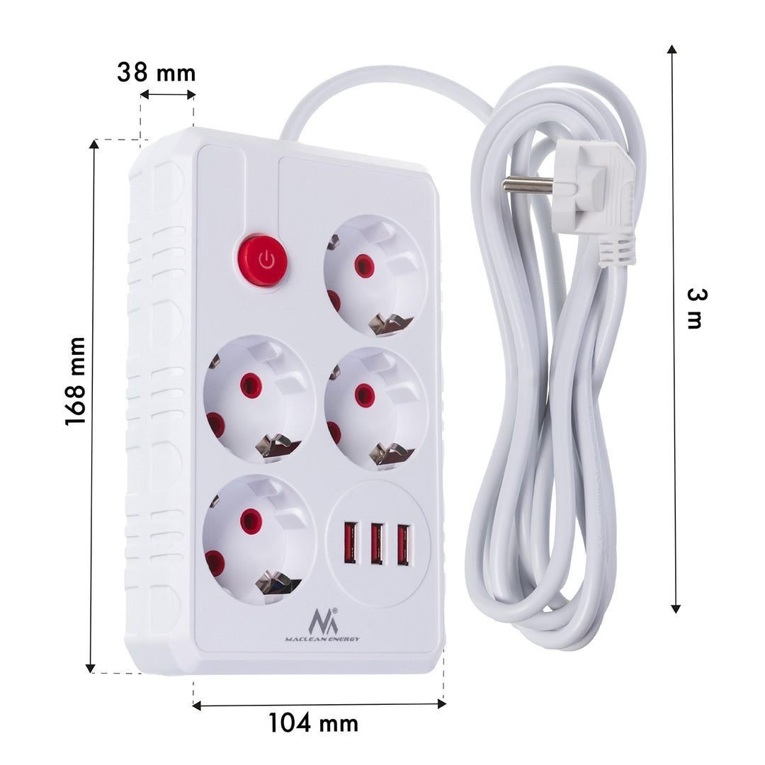 Napájacia lišta Maclean, predlžovací kábel so 4 zásuvkami + 3xUSB, 110-240 V AC 50/60 Hz, 2,1 A max. 2500 W, 3 m, biela, MCE393 W