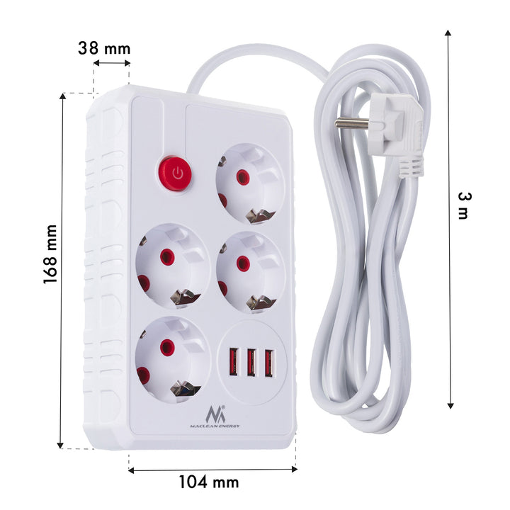 Napájacia lišta Maclean, predlžovací kábel so 4 zásuvkami + 3xUSB, 110-240 V AC 50/60 Hz, 2,1 A max. 2500 W, 3 m, biela, MCE393 W