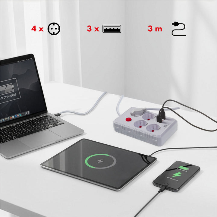 Napájacia lišta Maclean, predlžovací kábel so 4 zásuvkami + 3xUSB, 110-240 V AC 50/60 Hz, 2,1 A max. 2500 W, 3 m, biela, MCE393 W