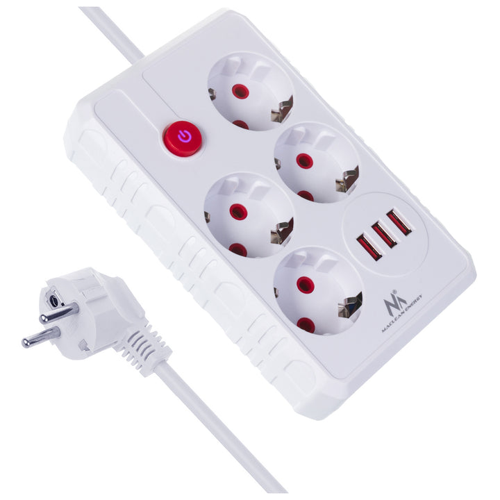 Napájacia lišta Maclean, predlžovací kábel so 4 zásuvkami + 3xUSB, 110-240 V AC 50/60 Hz, 2,1 A max. 2500 W, 3 m, biela, MCE393 W