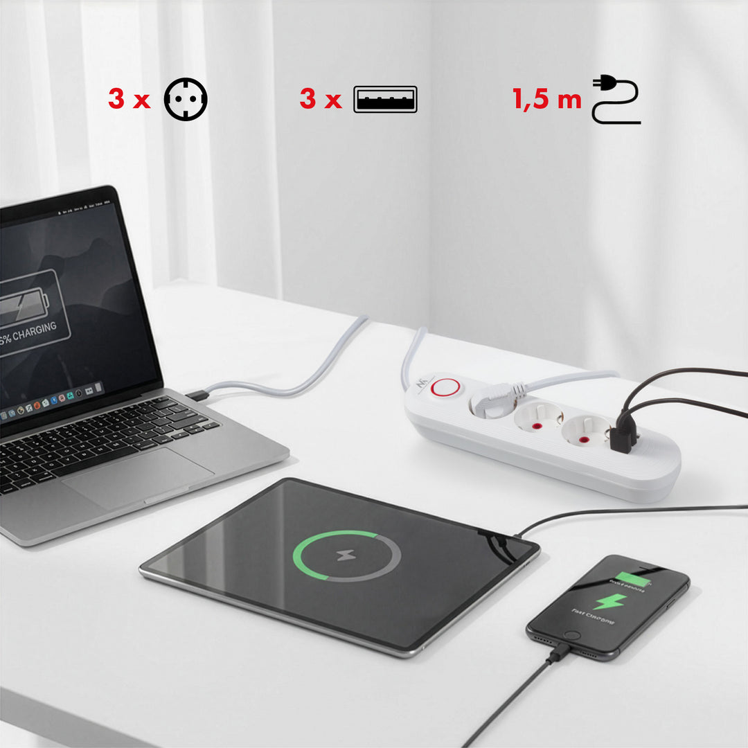 Napájacia lišta Maclean, 3-zásuvkový predlžovací kábel + 3xUSB, 110-240 V AC 50/60 Hz, 2,1 A max. 2500 W, 1,5 m, biela, MCE394 W