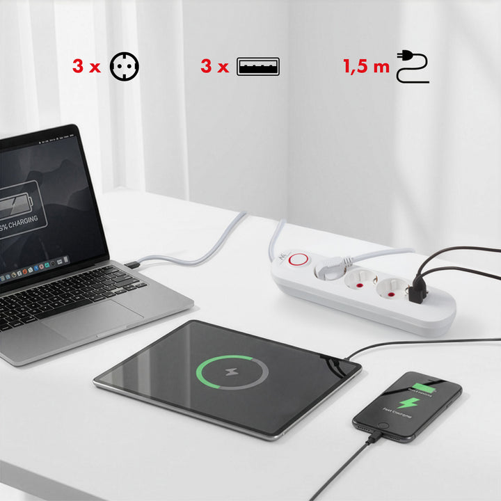 Napájacia lišta Maclean, 3-zásuvkový predlžovací kábel + 3xUSB, 110-240 V AC 50/60 Hz, 2,1 A max. 2500 W, 1,5 m, biela, MCE394 W