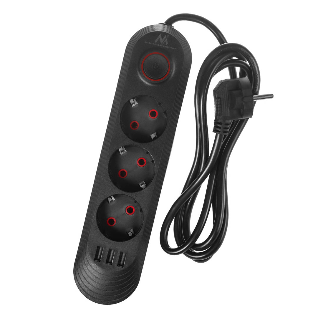 Napájacia lišta Maclean, 3-zásuvkový predlžovací kábel + 3xUSB, 110-240 V AC 50/60 Hz, 2,1 A max. 2500 W, 1,5 m, čierna, MCE394 B