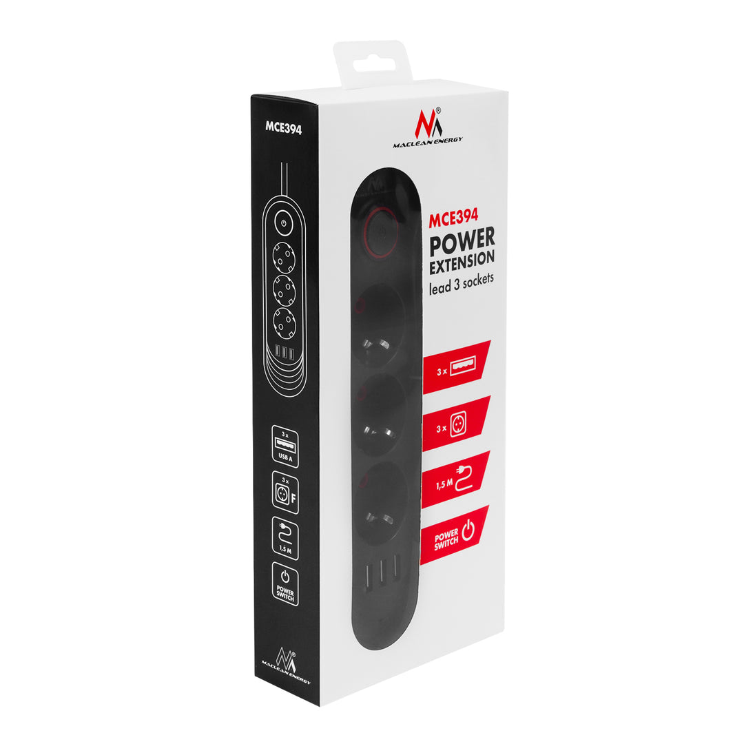 Napájacia lišta Maclean, 3-zásuvkový predlžovací kábel + 3xUSB, 110-240 V AC 50/60 Hz, 2,1 A max. 2500 W, 1,5 m, čierna, MCE394 B
