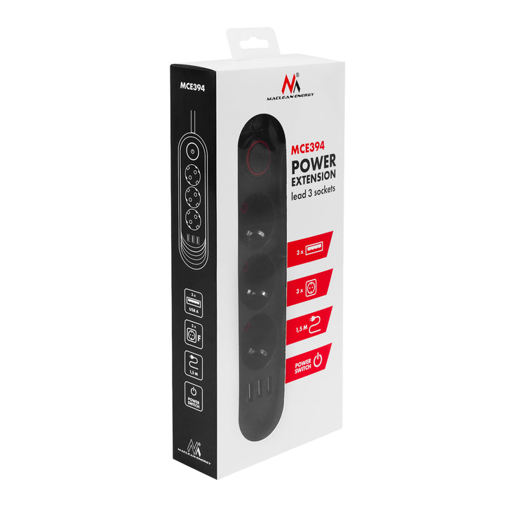 Napájacia lišta Maclean, 3-zásuvkový predlžovací kábel + 3xUSB, 110-240 V AC 50/60 Hz, 2,1 A max. 2500 W, 1,5 m, čierna, MCE394 B