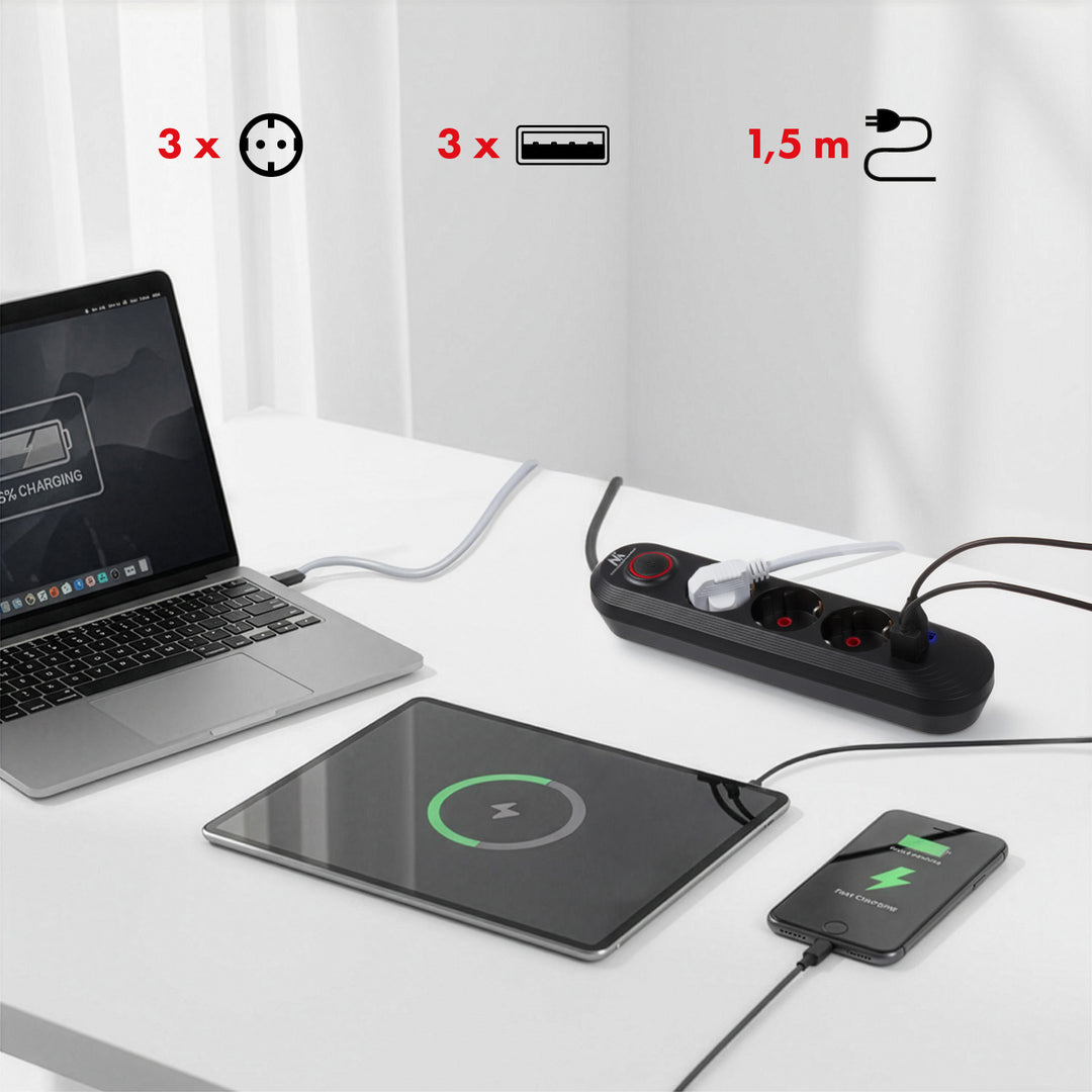 Napájacia lišta Maclean, 3-zásuvkový predlžovací kábel + 3xUSB, 110-240 V AC 50/60 Hz, 2,1 A max. 2500 W, 1,5 m, čierna, MCE394 B