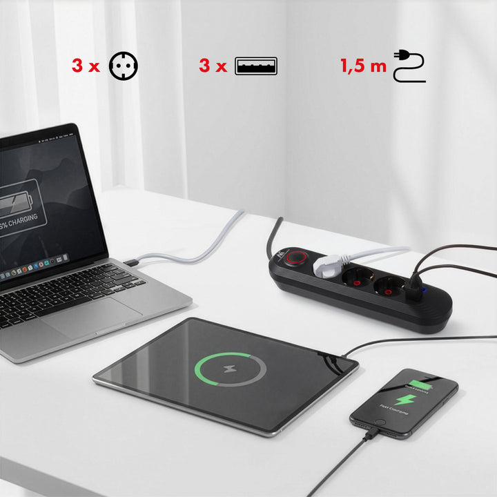 Napájacia lišta Maclean, 3-zásuvkový predlžovací kábel + 3xUSB, 110-240 V AC 50/60 Hz, 2,1 A max. 2500 W, 1,5 m, čierna, MCE394 B