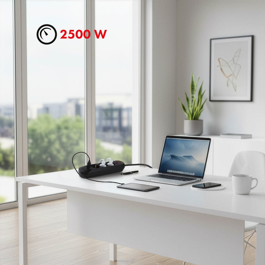 Napájacia lišta Maclean, 3-zásuvkový predlžovací kábel + 3xUSB, 110-240 V AC 50/60 Hz, 2,1 A max. 2500 W, 1,5 m, čierna, MCE394 B