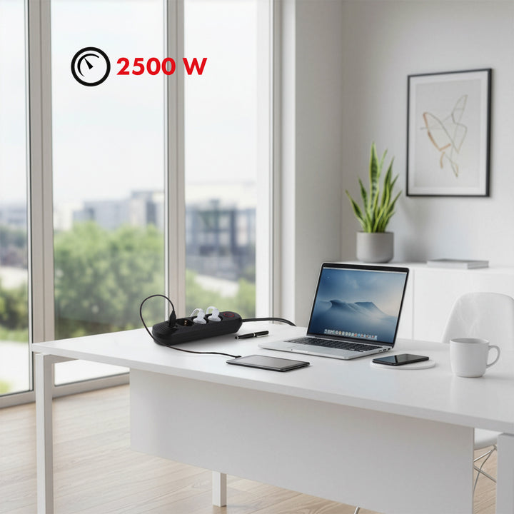 Napájacia lišta Maclean, 3-zásuvkový predlžovací kábel + 3xUSB, 110-240 V AC 50/60 Hz, 2,1 A max. 2500 W, 1,5 m, čierna, MCE394 B