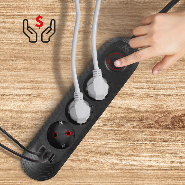 Napájacia lišta Maclean, 3-zásuvkový predlžovací kábel + 3xUSB, 110-240 V AC 50/60 Hz, 2,1 A max. 2500 W, 1,5 m, čierna, MCE394 B